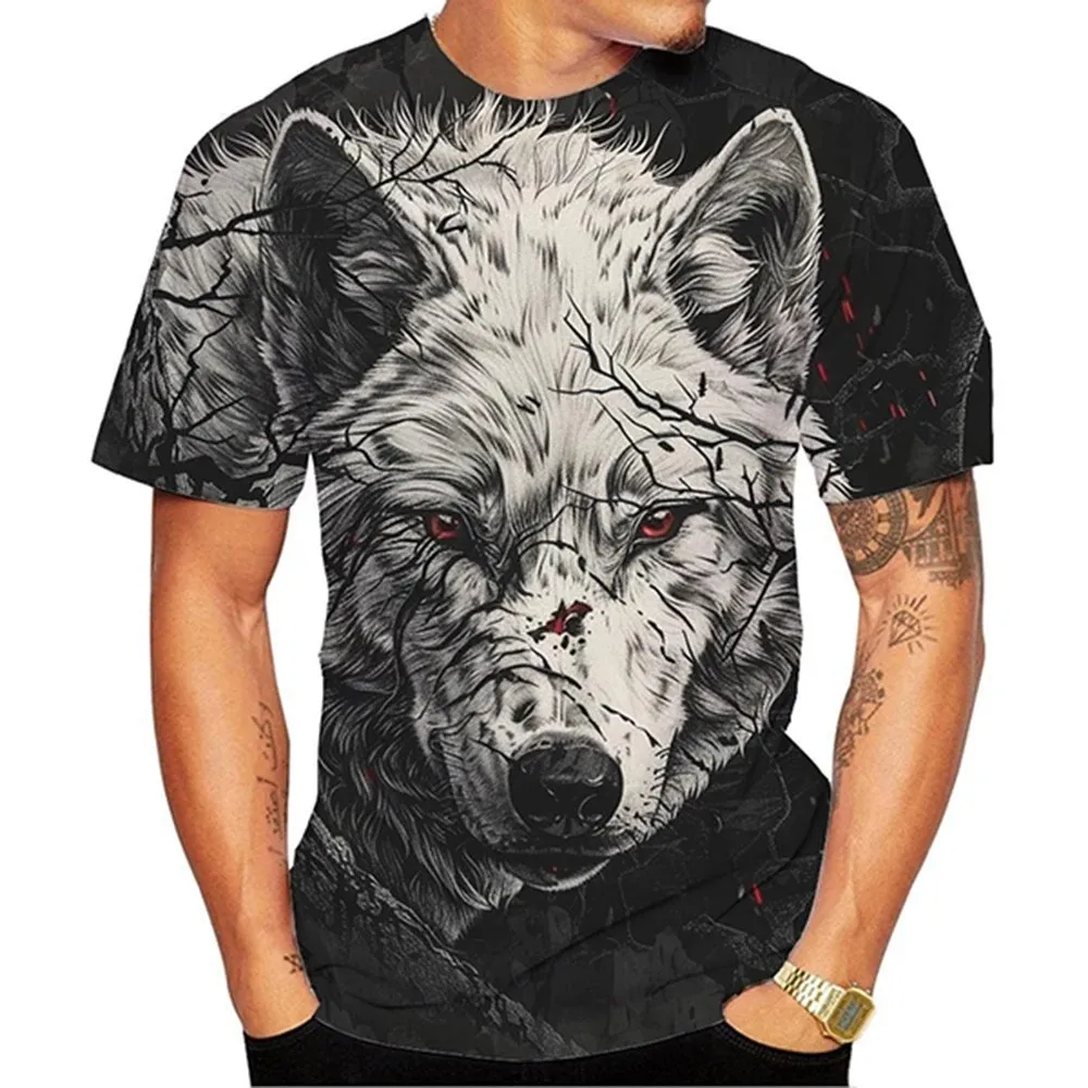 New Summer Men Cool Street Personality 3d Printed Wolf Pattern T-Shirt Casual Trend Loose Large Size O Collar Short-Sleeved Top