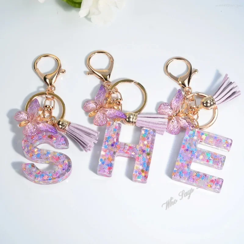 Exquisite A-Z 26 Letter Resin Butterfly Keychain, Purple Snowflake Sequin Filled Letter Keyring, Car Keychain Pendant