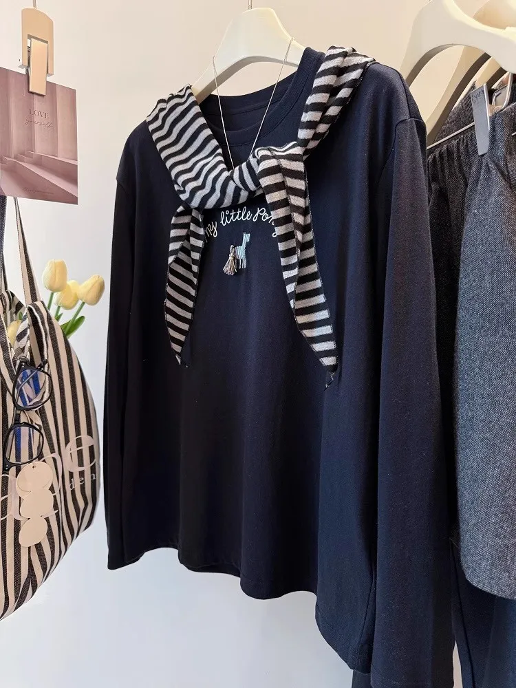 大きいサイズ 300ポウ インス ロングスリーブTシャツ レディース 秋 ストライプ 刺繍入り ツーピースセット 韓国風