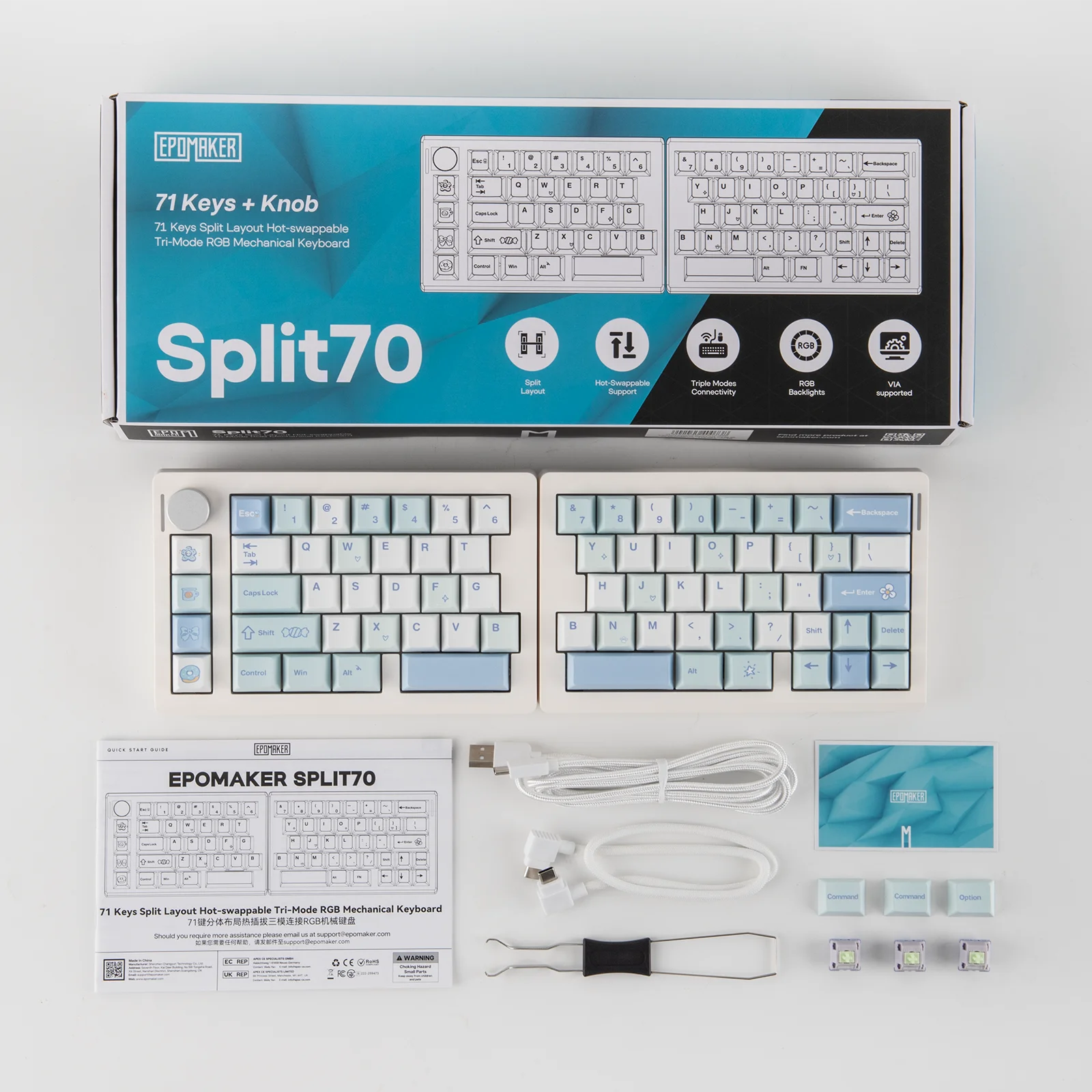 EPOMAKER Split70 QMK/VIA 70% Rozkładana Klawiatura Mechaniczna Gamingowa z Możliwością Hot-Swap, Przewodowa/BT/Bezprzewodowa 2.4Ghz z Programowalnym Pokrętłem — zdjęcie produktu 6