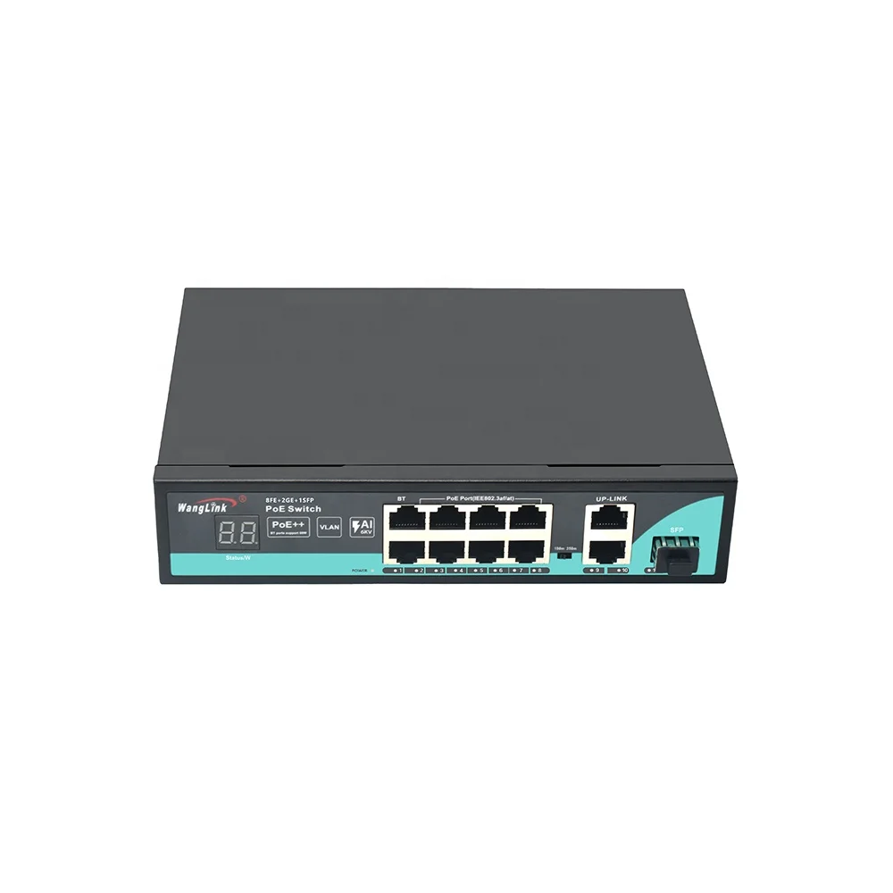 Wanglink PoE Switch 8 PoE port+ 2 Gigabit uplink+1 SFP AI + 6KV PoE Switch with Digital Tube Display for Security CCTV Camera