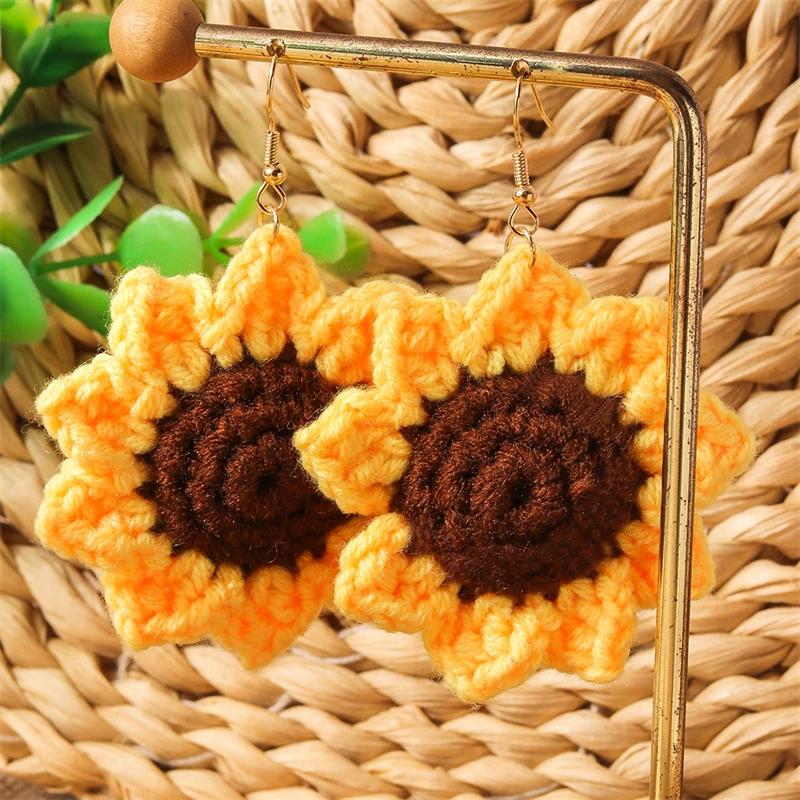 Fashion Flower Drop Earrings for Women Handmade Knitted Sunflower Dangle Hooks Earrings Girls Party Holiday Jewelry Gifts