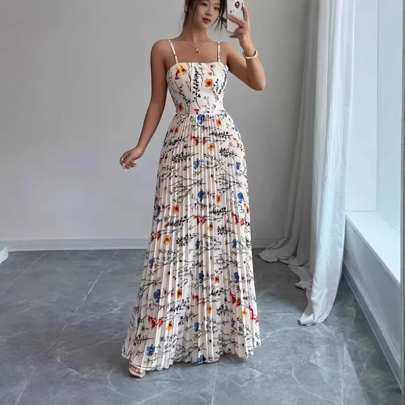 

French floral camisole pleated long dress, summer waist-cinching slim-fit elegant flared maxi dress for seaside vacations