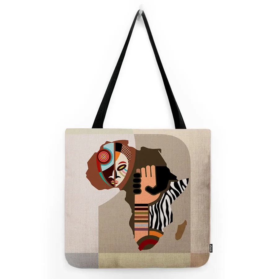 Abstract Geometry Africa Cartoon Fashion Dancing Woman Music Art Casual Water Resistant Cotton Linen Canvas Washable Tote Bag