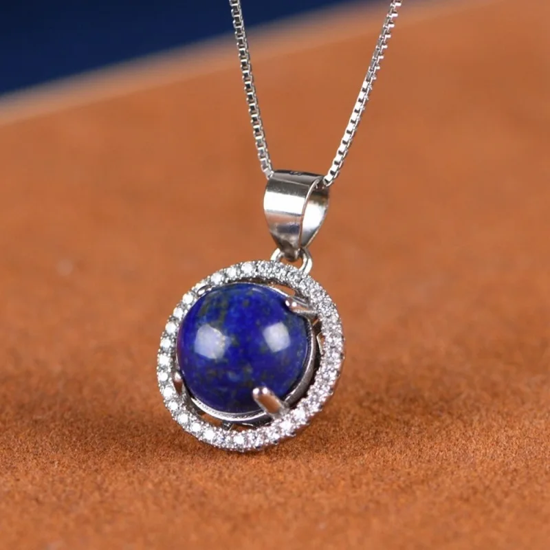 

Real Pure S925 Sterling Silver Natural Lapis Lazuli Lucky Gift Zircon Round Pendant