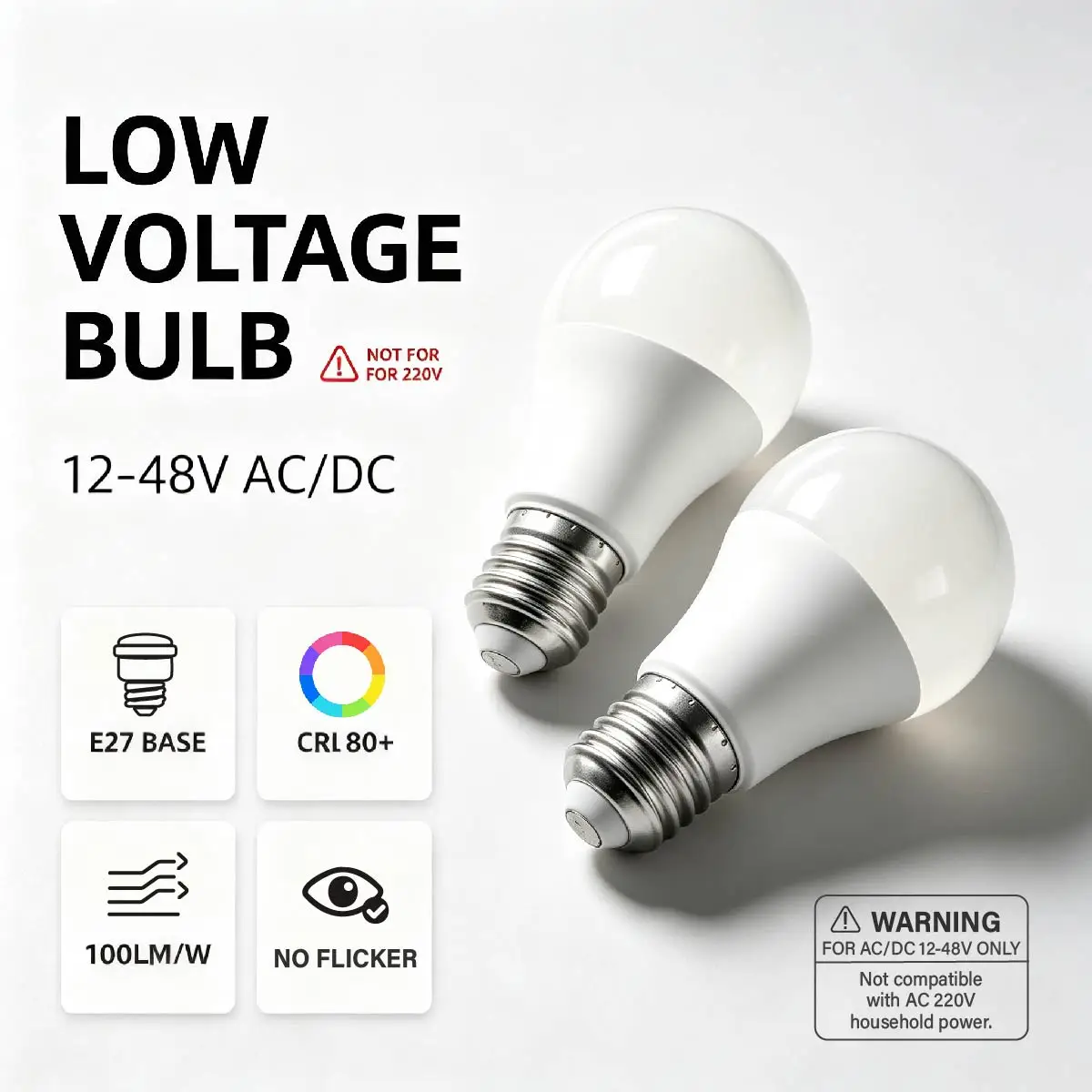 AC DC 12V 24V 36V 48V Low‑Voltage E27 LED Bulb, 3W 10W, 3000K‑6000K Warm to Cool Light for Home,RV,Yacht,Solar System & Cabin
