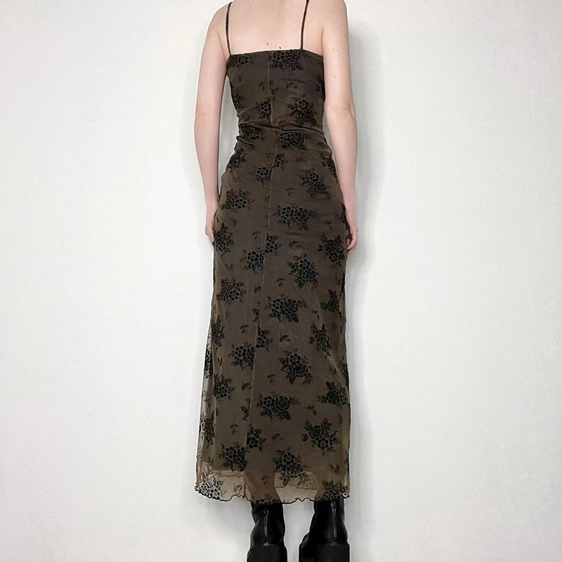 Darlingaga Y2K Retro Fashion Strap Printing Summer Maxi Dress Women Fairycore Grunge Chic Party Long Mesh Dresses Gothic Clothes