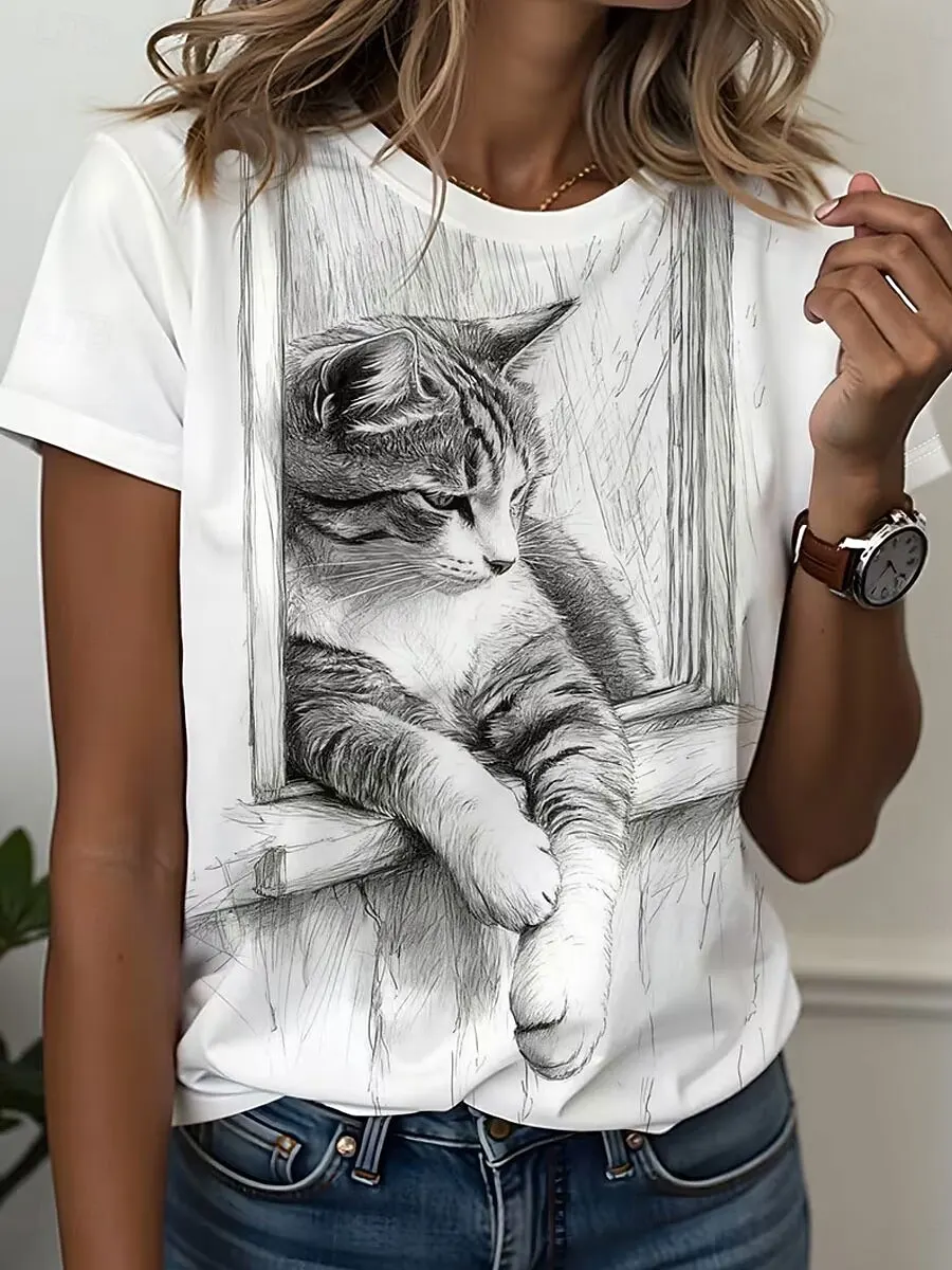 Women's Spring Summer 3D Printed Crew Neck Tee, White Base Sketch Lazy Tabby Cat By Window Realistic Hand Draw Print Top