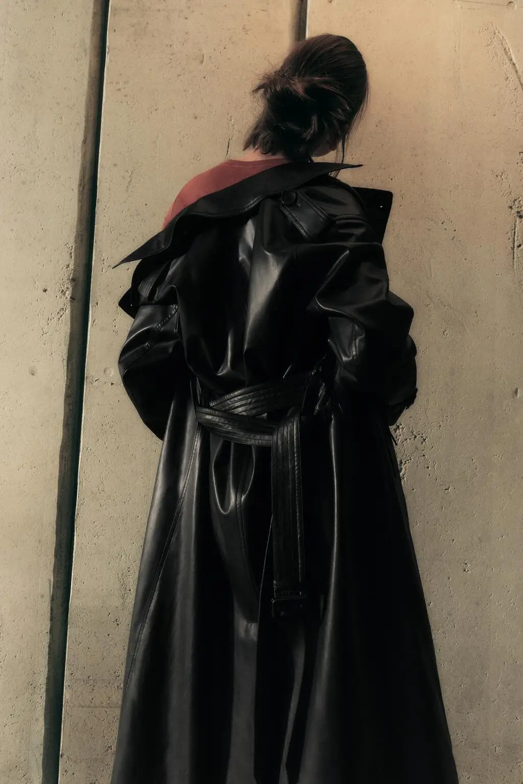 Black Long Leather like Women's Coat Loose Outerwear Autumn Winter New Style Sweet Style PU Material Double Breasted Button