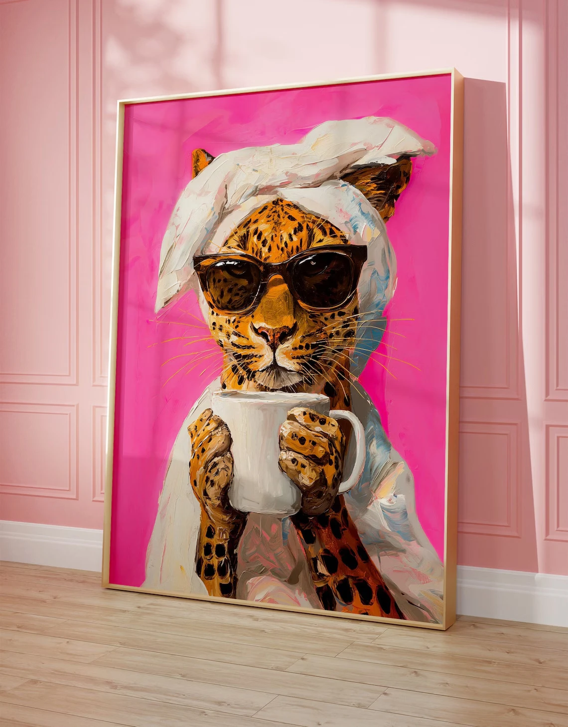 Printable Wall Art Leopard Drinking Coffee Maximalist Canvas Printed Oil Painting Dopamine Dining Room Trendy Kitchen Decor Art
