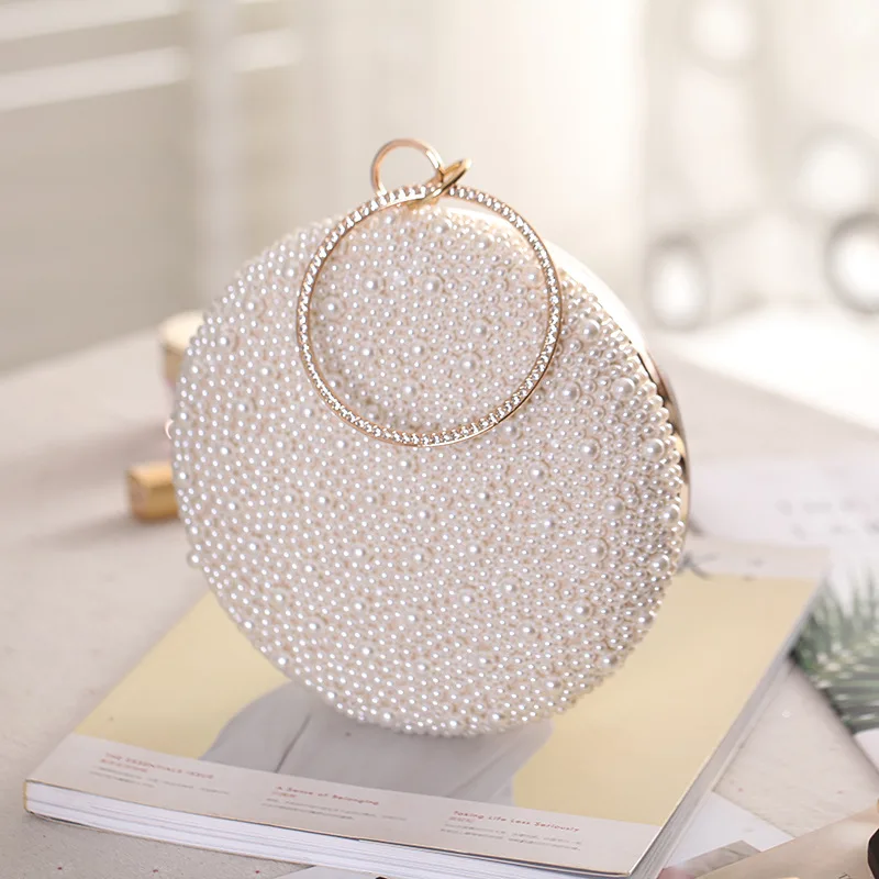 Bolso de mano con perlas brillantes para mujer, bolsa de mano pequeña con forma redonda, bolso de diseñador de lujo con diamantes, bolso de noche