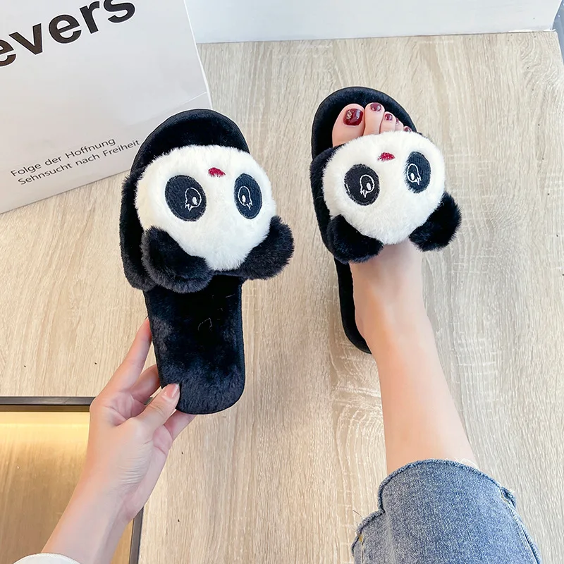 Cute Cartoon Fur Slippers Women\'s2022 Winter New One Word Cotton Slippers Home Panda Plus Size Warm Plush Slippers Mujer Slides