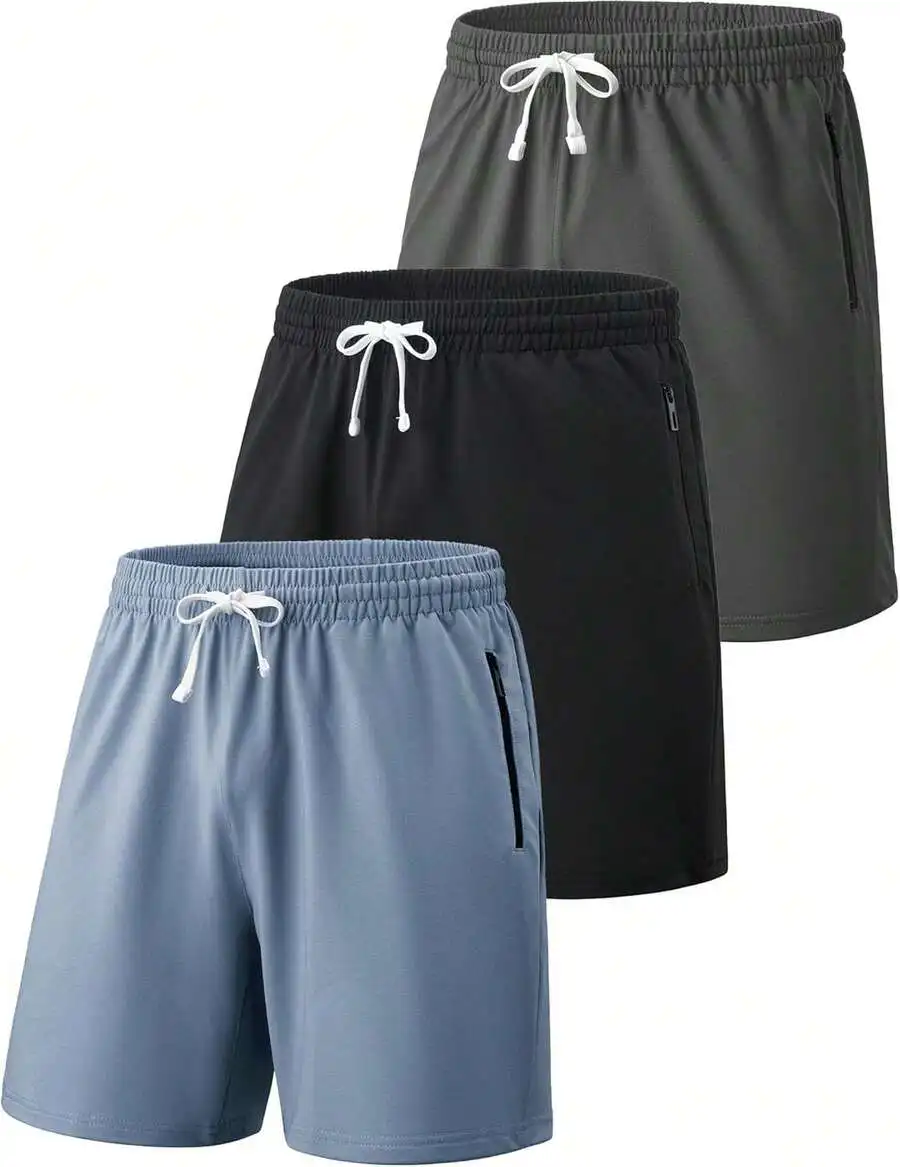 

3 Pack Mens Terry Sweat Shorts With Zipper Pockets Quick Dry Athletic Jogger Shorts