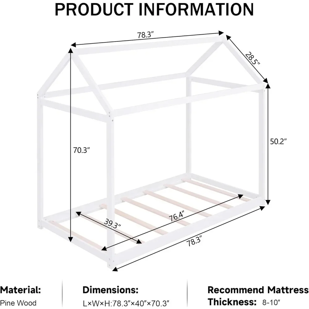 Lit de maison en bois blanc, lit au sol avec lamelles en bois, pas besoin de ressort en bois