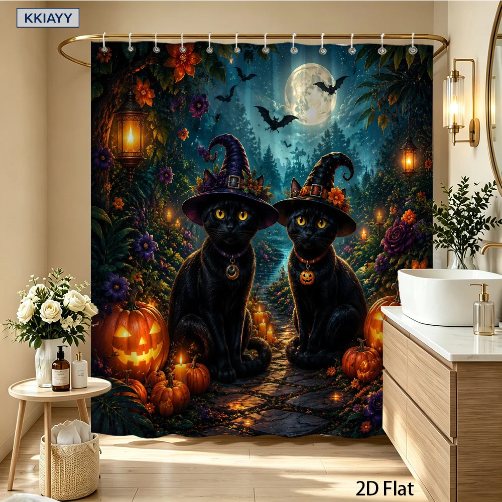 1pc Halloween Black Cat Witch Hat Full Moon Pumpkin Jack O Lantern Bat Vintage Floral Forest Shower Curtain Polyester Fabric Bat