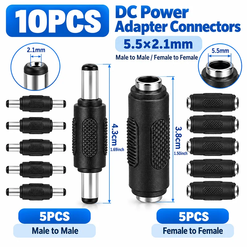1Pair/5Pcs 5.5x2.1mm DC Male Female Barrel Power Connector Jack Coupler Adapter for CCTV Camera LED Strip Router Cable Extension
