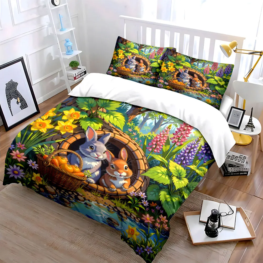 Two adorable rabbits in forest Print Bedding Set 1 Duvet Cover 2 Pillowcases for Adult and Children Luxury Gift Full Size