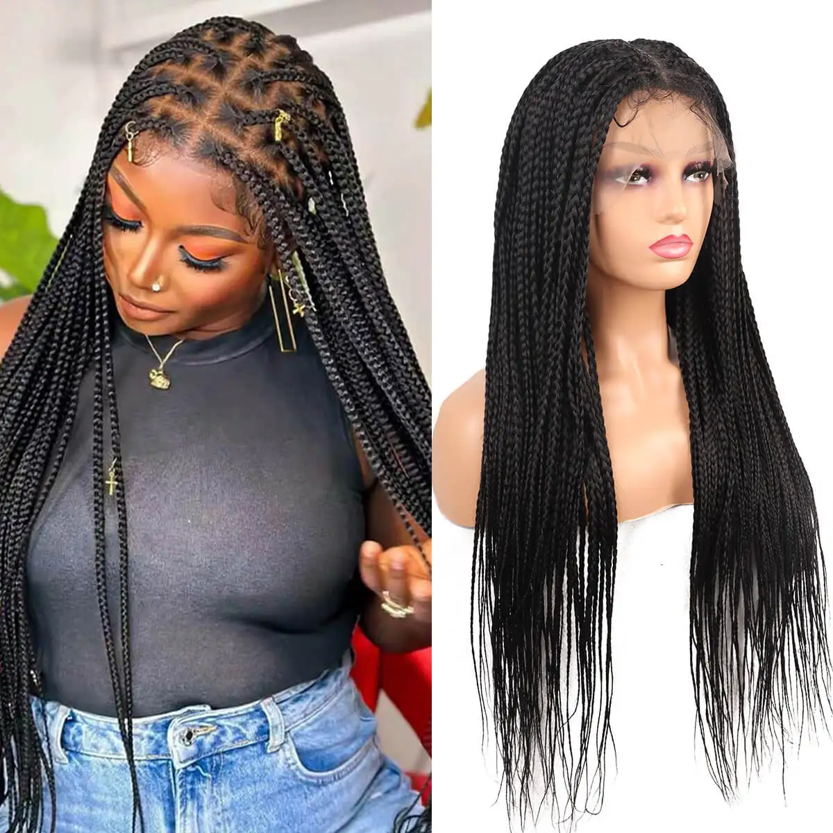 

Full Lace Braids Synthetic Lace Front Wig 32inch Big Square Knotless Box Braids Wig with Baby Hair Braided Wigs for Black Women