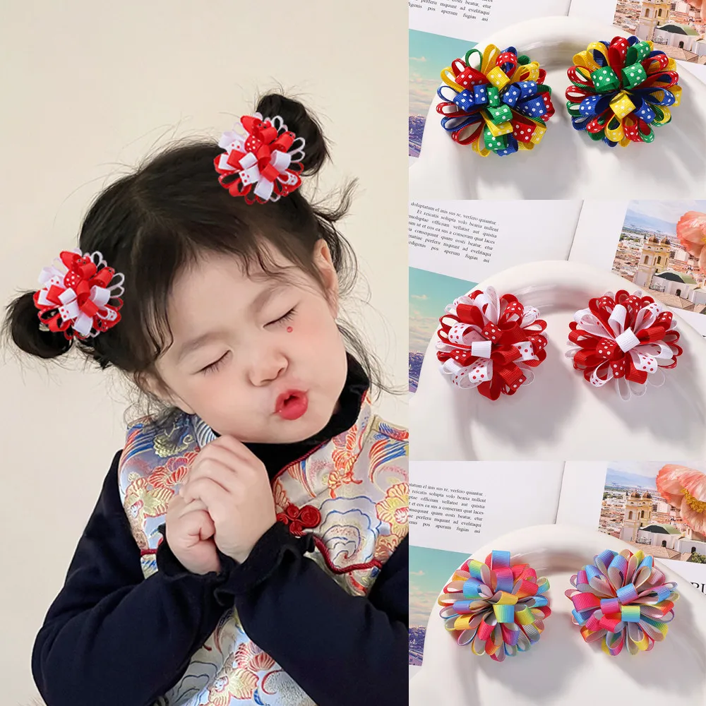 

2Pcs/set New Years Hair Clip for Girls Design Beauty Grosgrain Ribbon Flower with Clip Valentine's Day Kids Hair Accessories