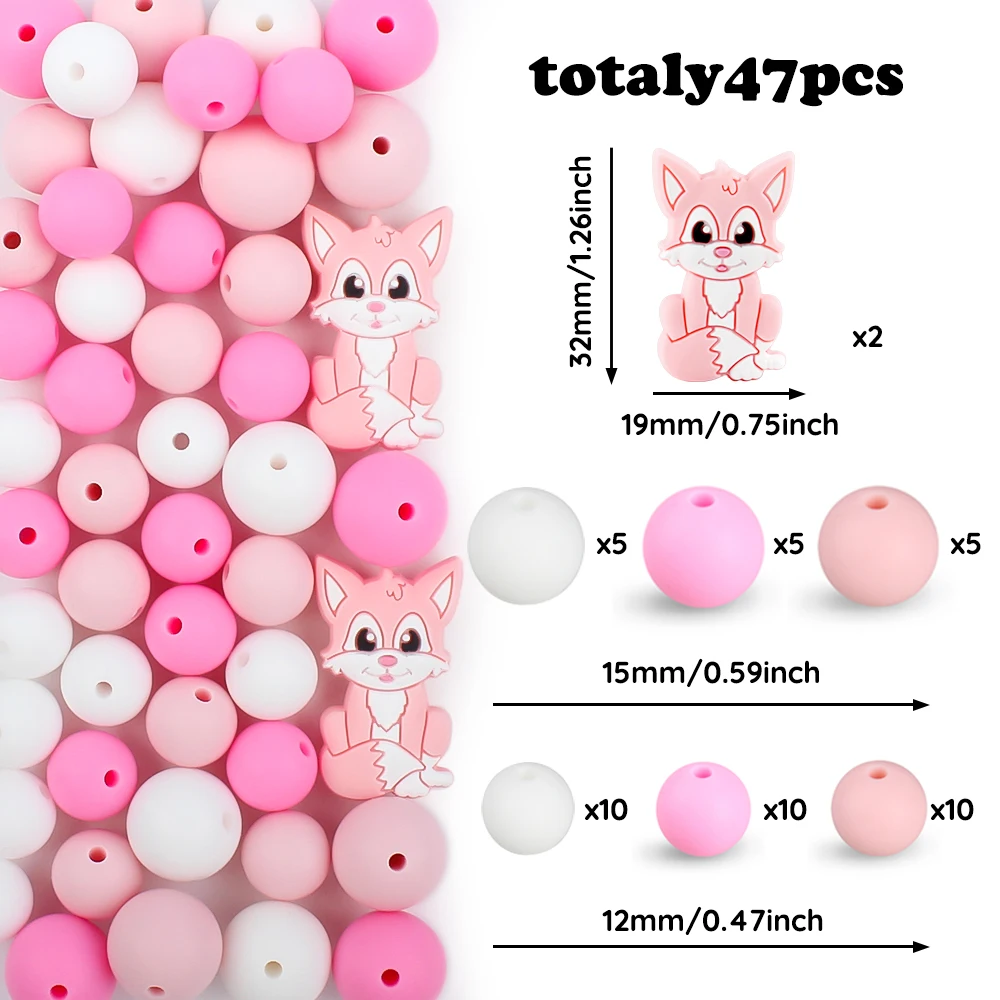 47Pcs/Set Fox Silicone Beads Animal Focal Beads Set For Jewelry Making DIY Necklaces Beaded Pen KeyChain Bracelet Accessories