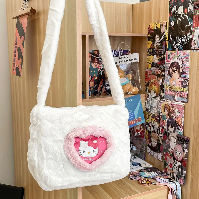 Cute Hello Kitty Plush Handbag Sweet Embrioded Pattern Fuzzy Crossbody Bag Japanese Cartoon Zipper Single Shoulder Bag for Women