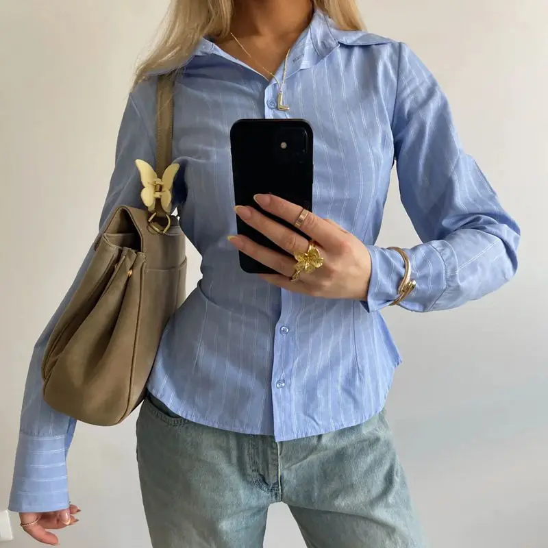

Women Y2K Harajuku Striped Shirts Long Sleeve Turn Down Collar Button Down Aesthetic Slim Fit Tied Back Belted Blouse