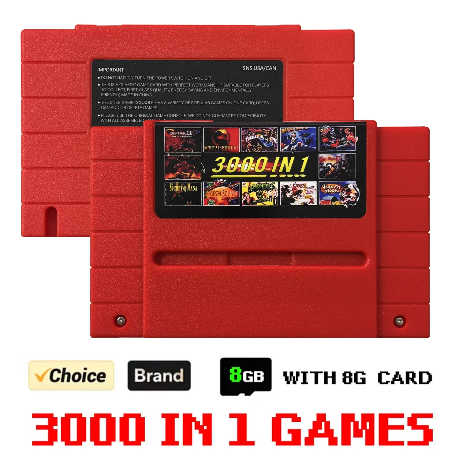 Super 3000 in 1 ED SNES SFC V1 Flash Card for SFC SNES 16-Bit JPN/EU/USD Video Game Console Accessories with 8G TF Card