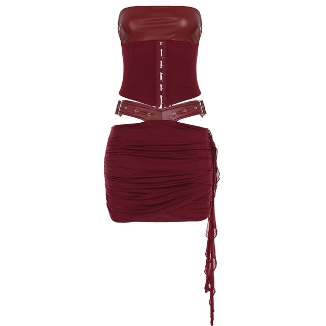 DSMTRC Midnight Club Vacation Matching Dress Suit Burgundy Faux Leather Lace Up Crop Top+Mini Belt Skirts Two Piece Party Outfit