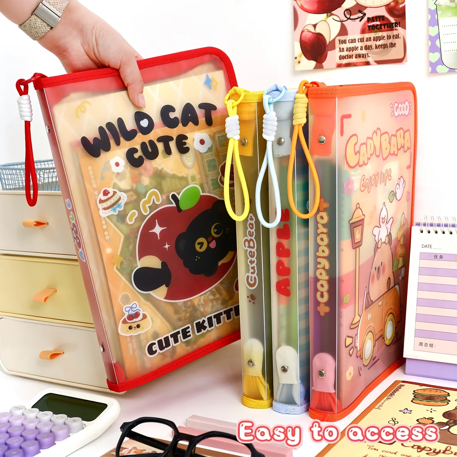 Cute Cartoon Print A4 Zipper Pouch Capacity Capybara Apple Smooth  Portable Document Office School Desktop Stationery Storage