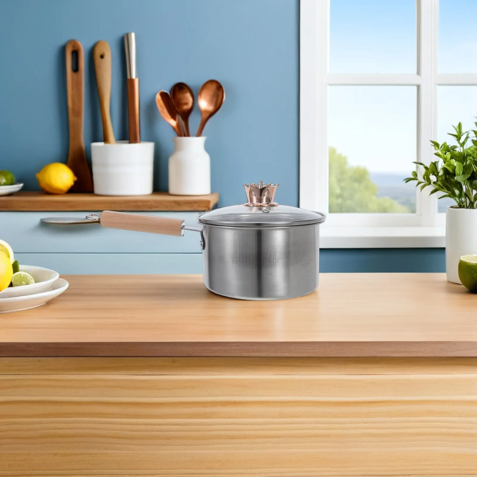 

Portable Stainless Steel Steam Pot with Wooden Handle Multipurpose Soup Pan Steamer for Seafood Baby Food Induction Cooktop Gas