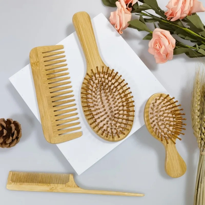 4 Pce Bamboo Hairbrush Set for Women Men Wooden Wide Teeth and Tail Comb Anti-static Scalp Massage Comb Air Cushion Styling Tool