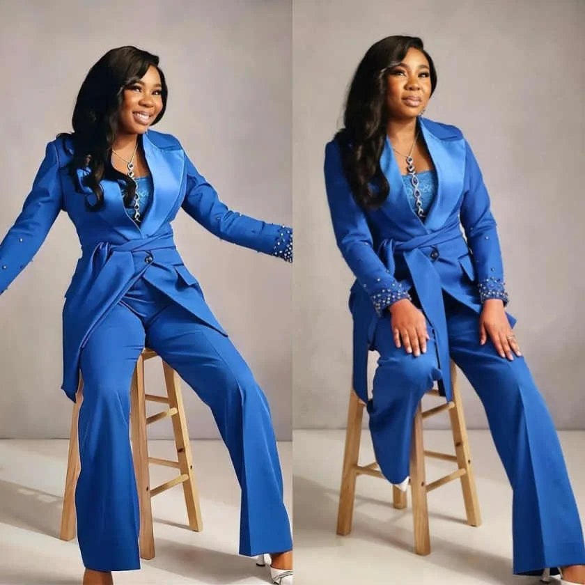 

Fashion Beaded Mother Of The Bride Suits Peaked Lapel With Belt Pant Sets Plus Size Banquet Party Customized 2 Pieces