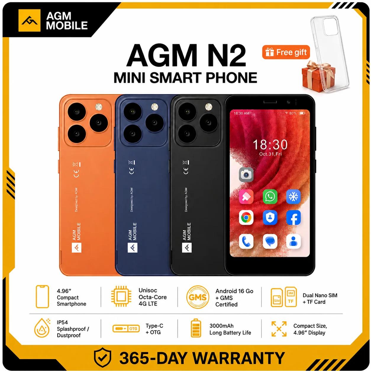AGM N2 Mini Smartphone Kompaktowy Rozmiar Ekran 4.96' 3GB 32GB 3000mAh Wyjmowana Bateria System Android 16 GO Lekki Telefon