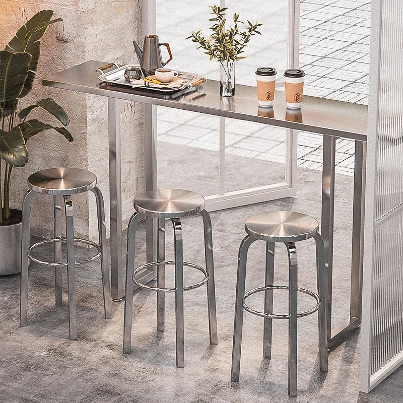 

Modern Industrial Style Stainless Steel High Bar Table Chair Set for Milk Tea and Dessert Snack Shops Popular High Stool