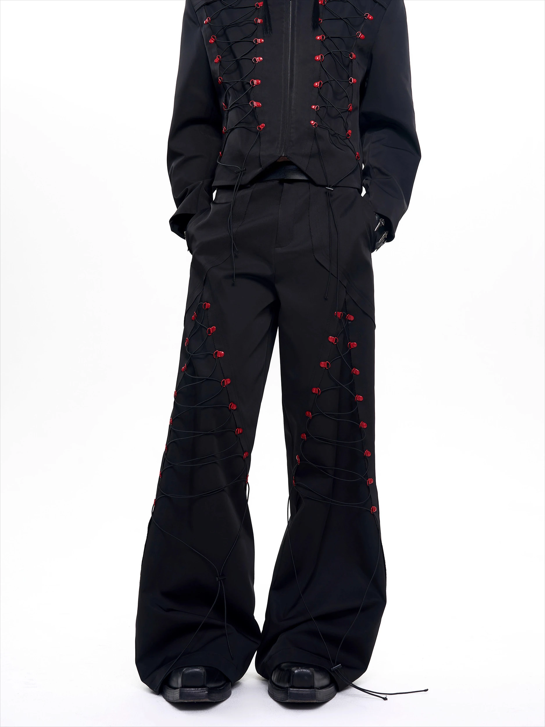 Men's 2025 Autumn New Two-piece Sets Male Trendy Rope Design Zipper Long Sleeve Jackets Trousers Male Loose Wide-leg Pants Sets