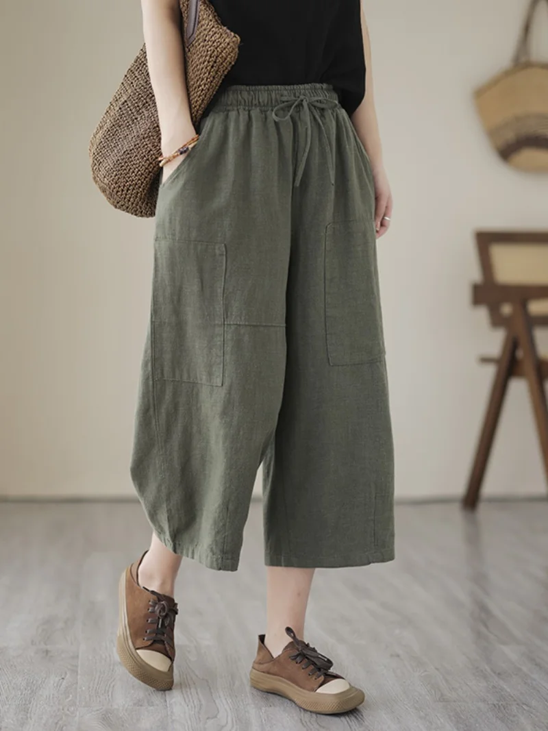 Pantaloni a gamba larga in cotone e lino a vita alta Pantaloni estivi leggeri casual da donna taglie forti Pantaloni a sette cinque lunghezza da pendolare Sle