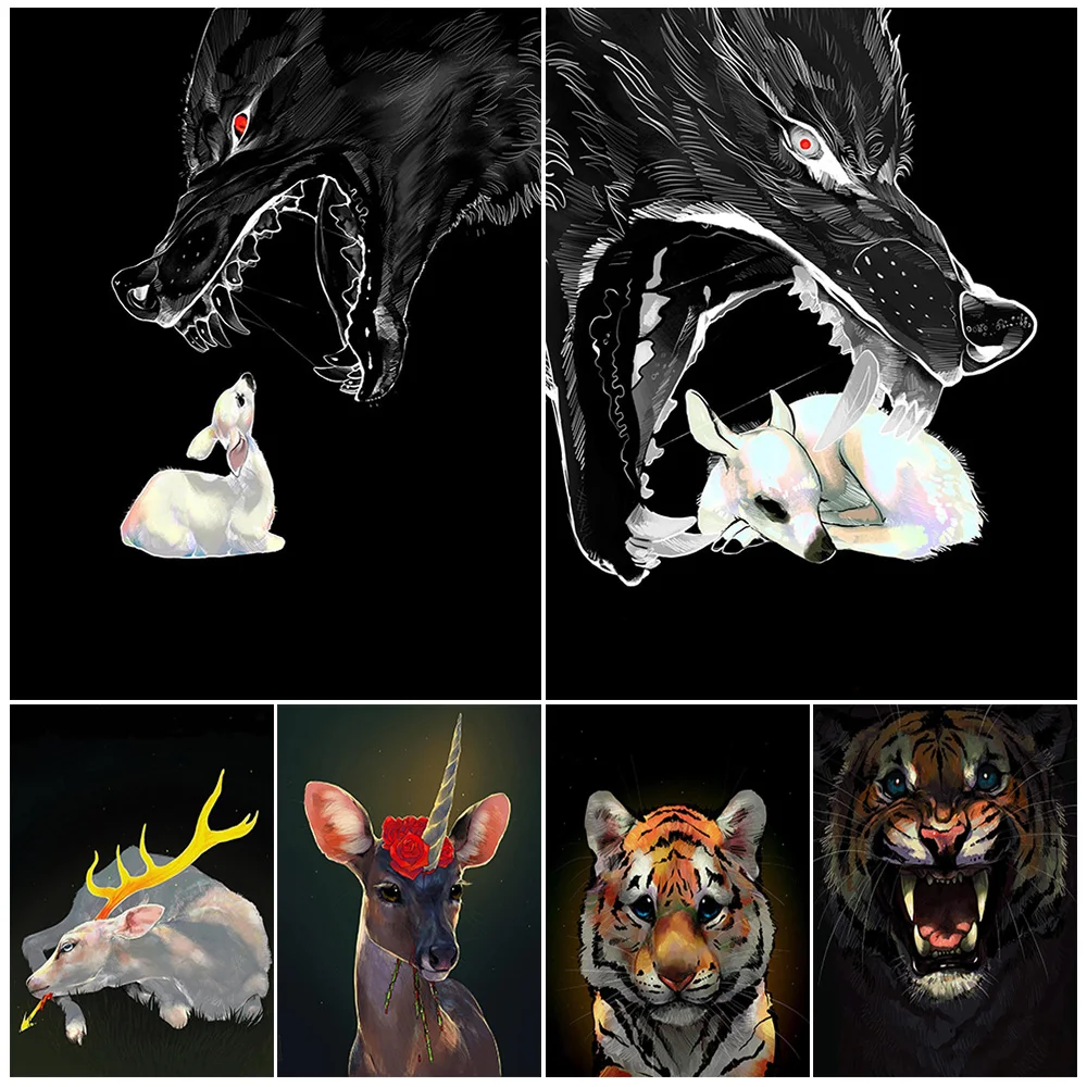

Wounded White Deer,Unicorn And Tiger Abstract Wall Art Canvas Painting Prey And Hunter Surreal Fantasy Animal Art Poster Print