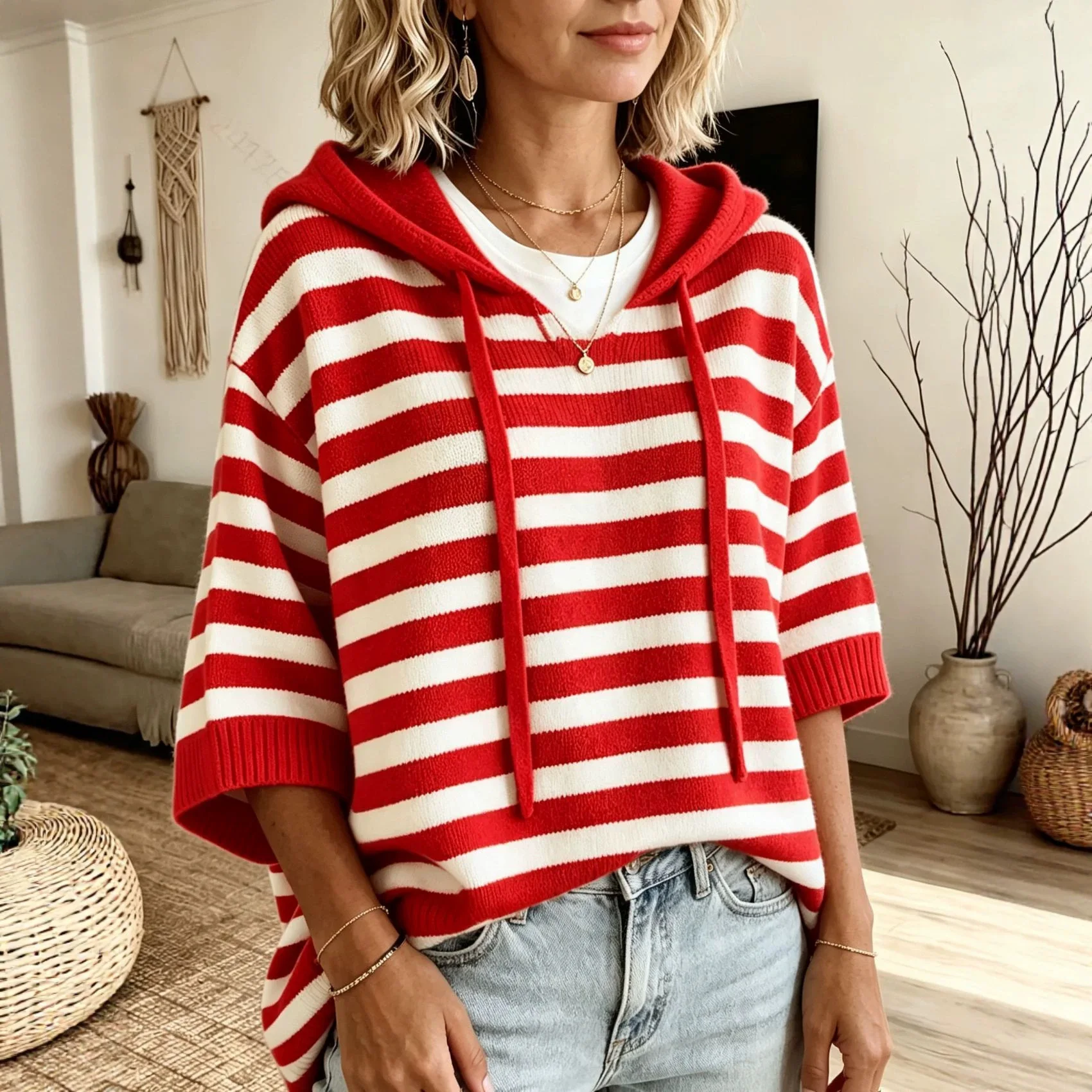 Women's Red White Striped Hoodie Short Sleeve Drawstring Knit Pullover Loose Fit Casual Top