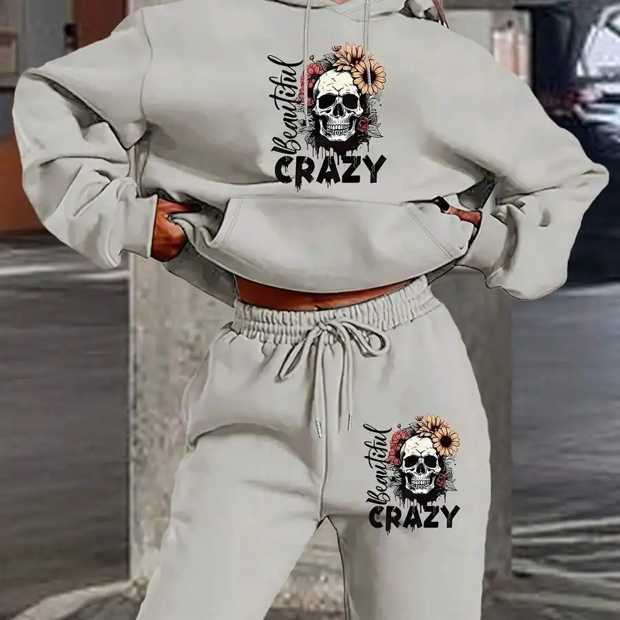 

Womens Skull Print Hoodie And Jogger Pants Set Casual Long Sleeve Cropped Sweatshirt With Floral Design