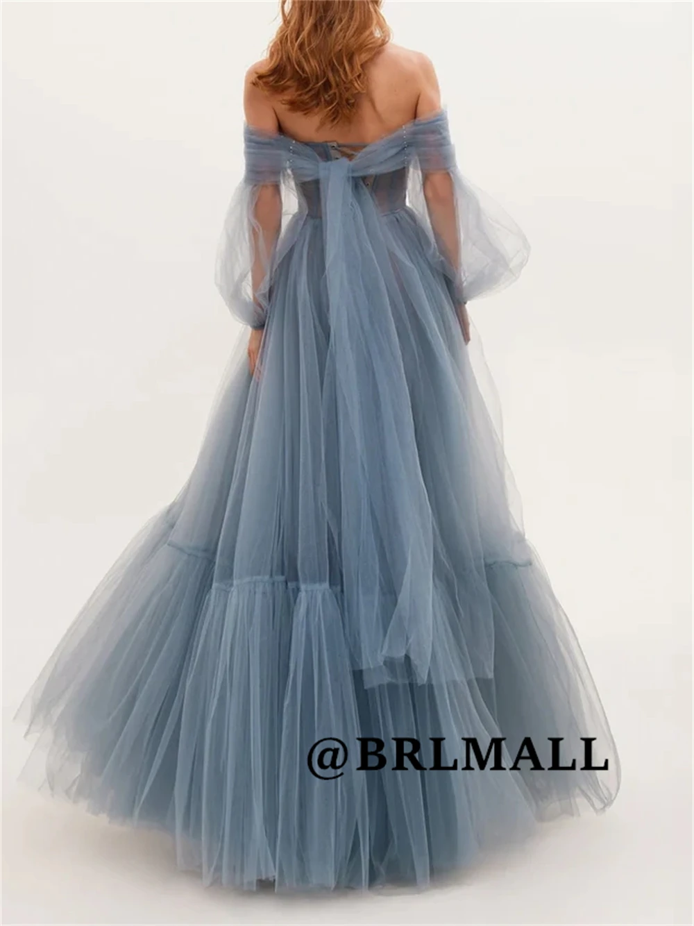 BRLMALL-Vestido largo sencillo de tul para mujer, hombros descubiertos, mangas acampanadas, vestidos de noche plisados, vestido de fiesta de graduación, tamaño personalizado