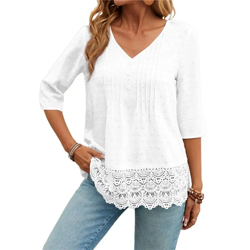 

CYL-Women Vintage Lace Patchwork V-Neck Embroidery Summer 3/4 Sleeve Retro Solid Tops T-Shirt