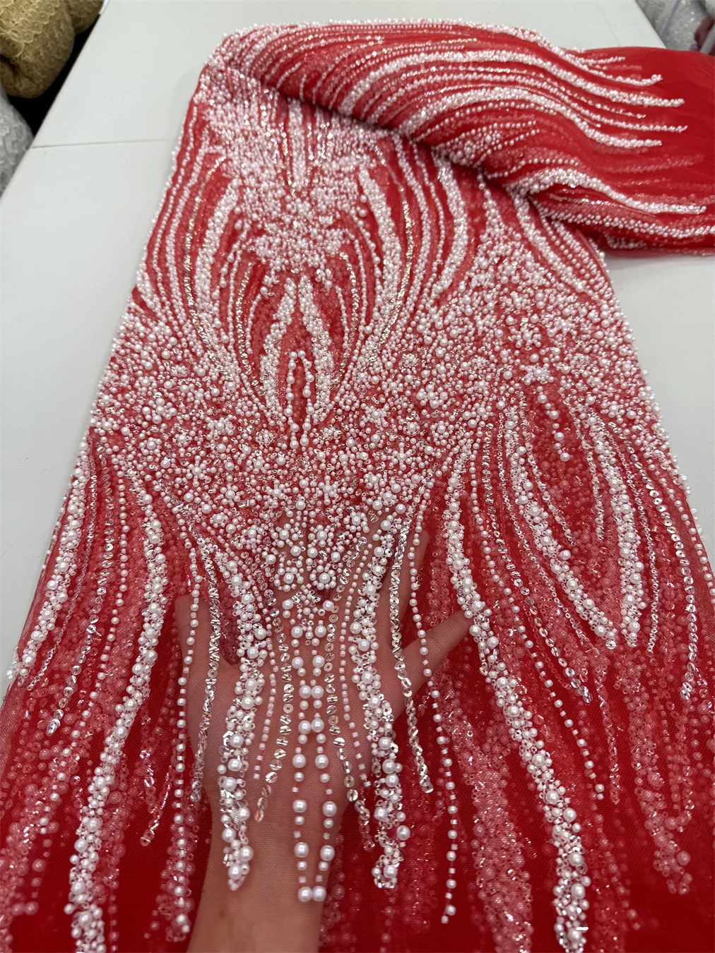 Tecido de renda nigeriano com contas pesadas, casamento, noiva, 5 jardas, rede francesa de lantejoulas, vermelho, alta qualidade, tule africano, contas de cristal de luxo