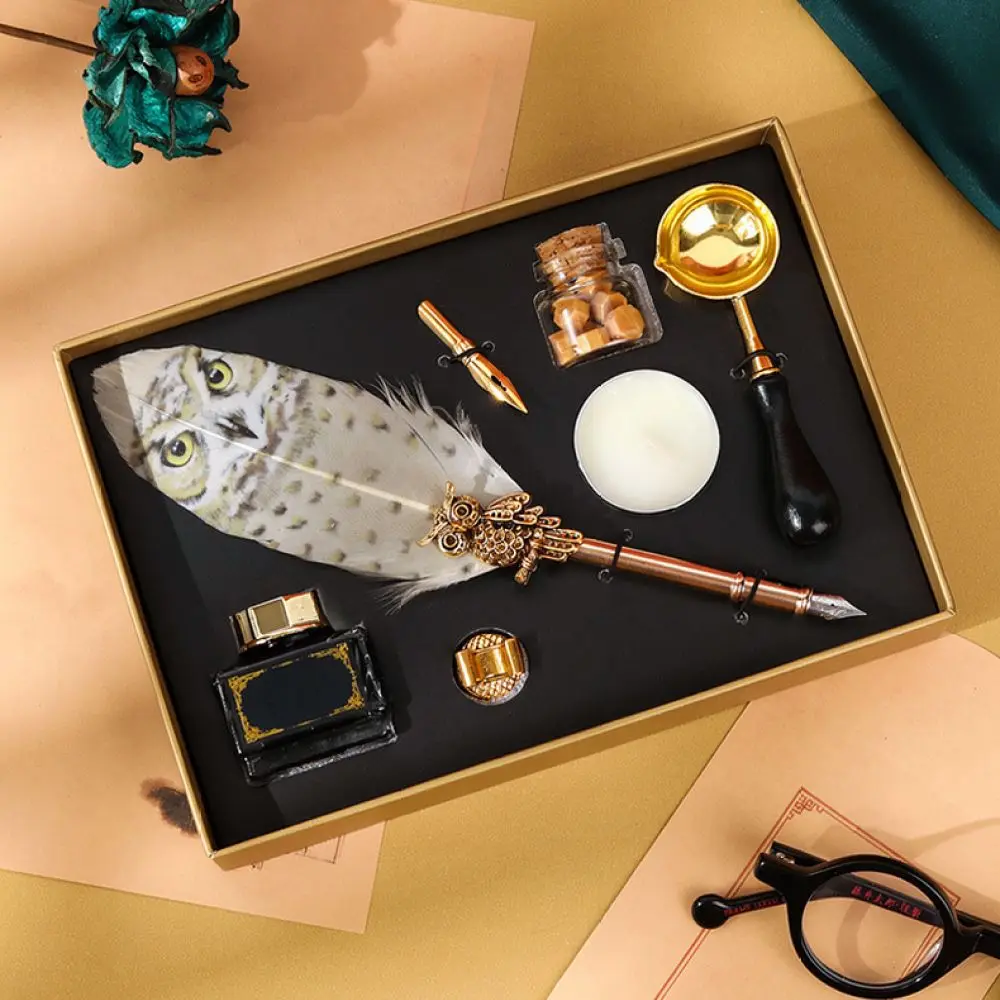 Feather Dip Pen Set Owl Design Wax Sealing Stamp Kit Retro Creative Stationery Gift For Office School Supplies