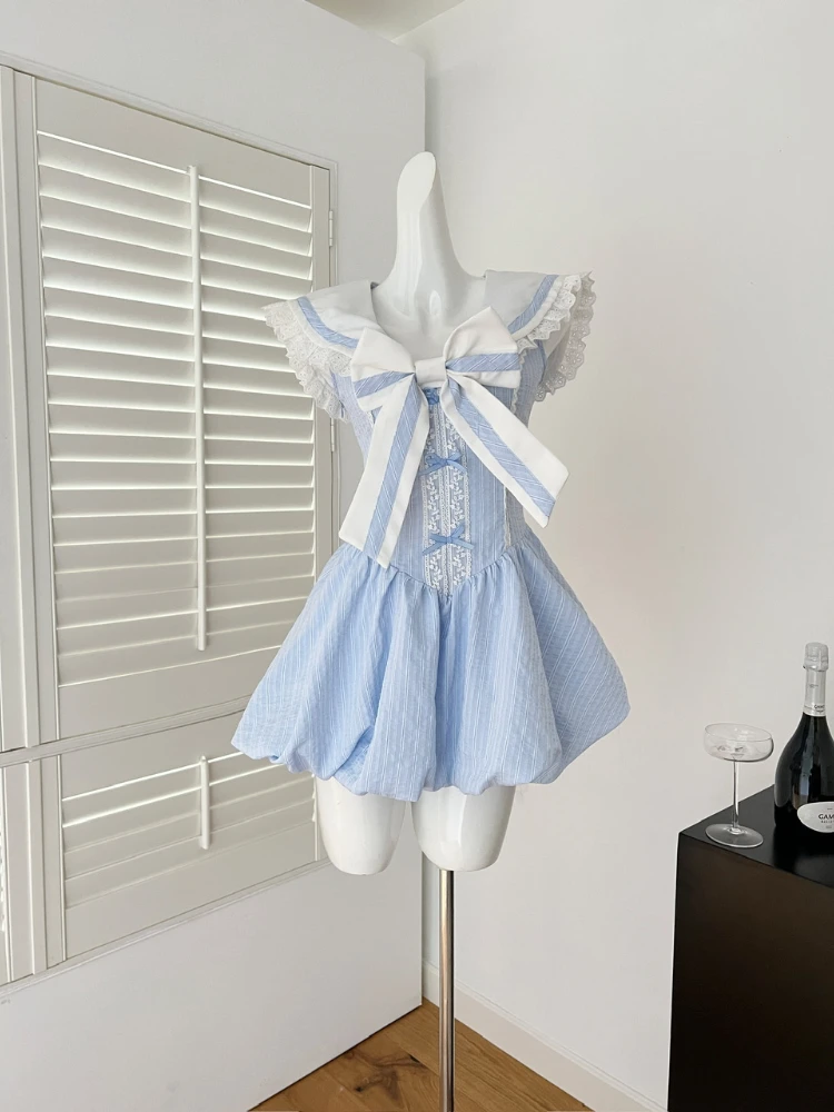 

Summer Japanese Kawaii Sweet Original Design Dress Women Sailor Collar Bow Striped Mini Dress Casual Cute Chic Y2k Clothing New