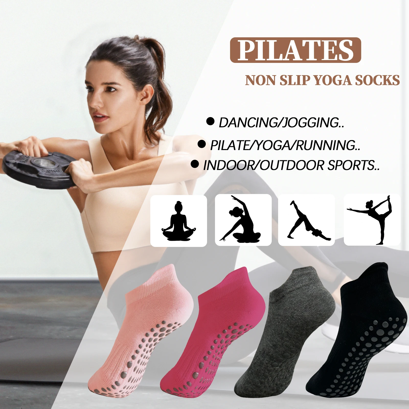 WA 4 Paare/los Yoga-Socken für Damen, Baumwolle, Silikon, rutschfest, niedrige Knöchelsocke, weich, atmungsaktiv, für Tanz, Ballett, Fitness, Sportsocken