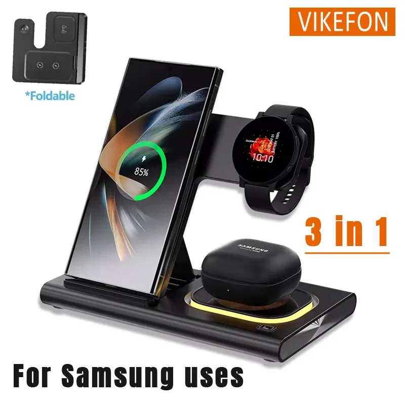 3 in 1 LED Foldable Wireless Charger Phone Stand For Samsung S24 S23 S22 Watch 6 5 4 Active 2 Galaxy Buds Fast Charging Station