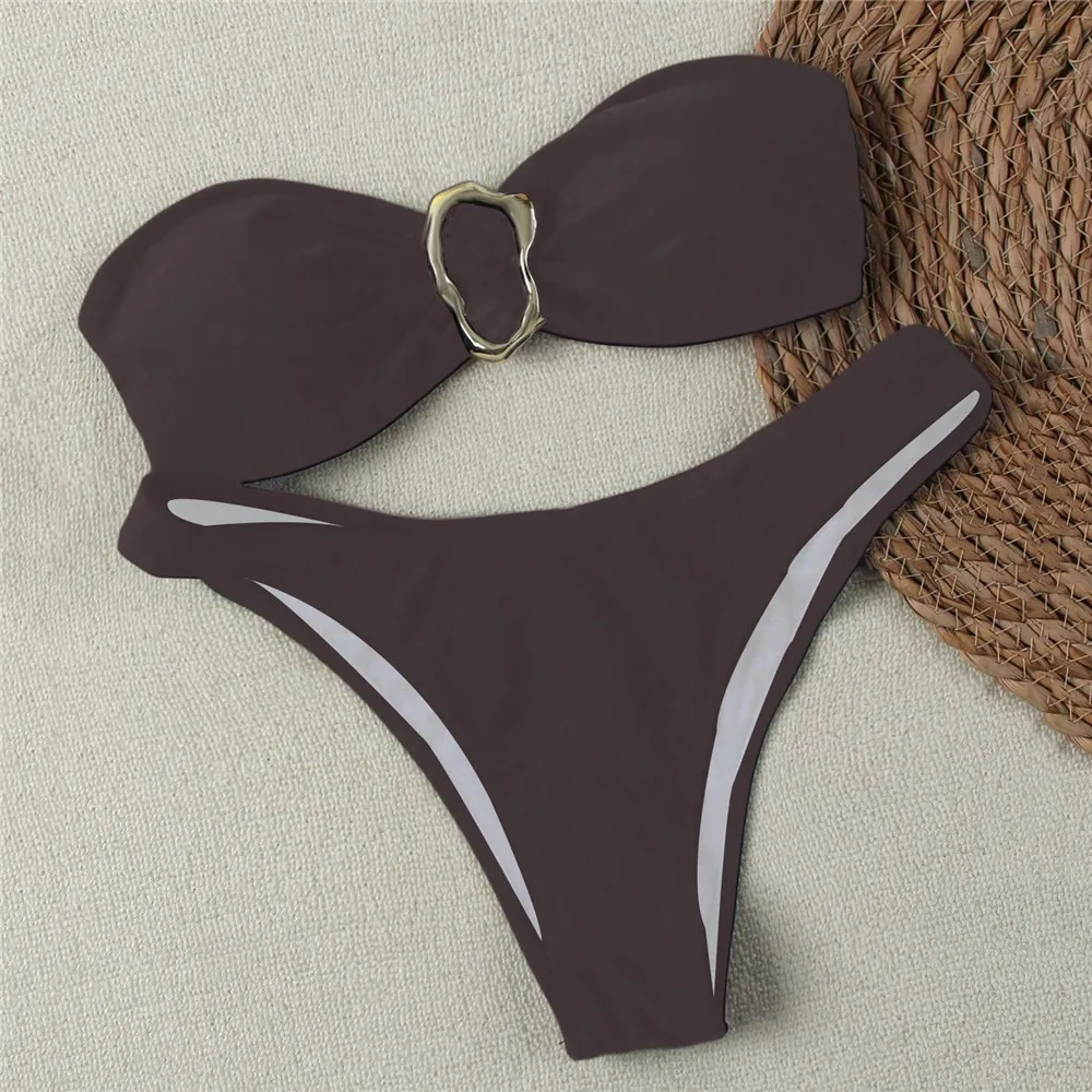 Zwarte Bandeau Bikini Sets Micro String Metalen Ring Sexy Badpak Vrouwen 2023 Nieuwe Terug Geknoopt Badmode Badpak Bikini Damen