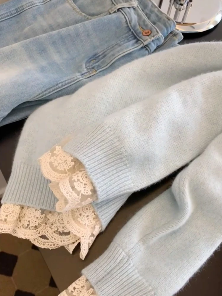 الخريف الشتاء شيك اللون بلو تصميم طويل Sve Camere سترة مستديرة Ne overhead الدافئة محبوك أعلى الدانتيل الربط تحسس F... #2