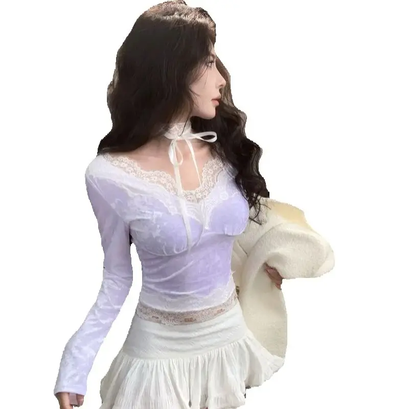 V-Neck Top Lace Chic Shirt Women Autumn Winter Retro Lace Splicing Long Sleeves Slim Short Y2k Party Club