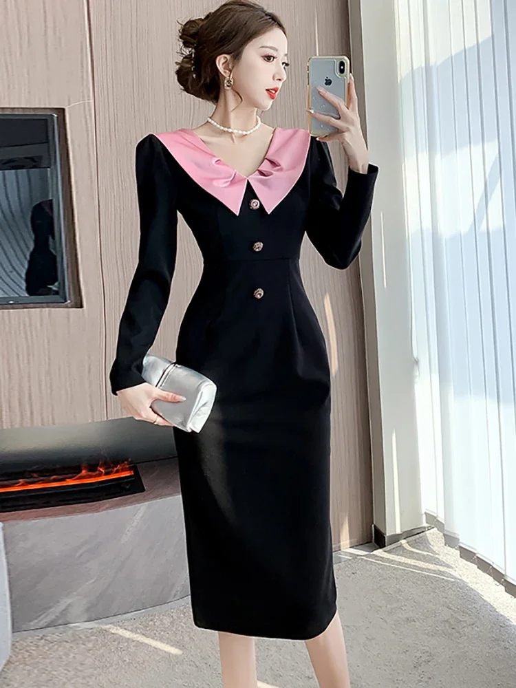 Autumn Winter Black Patchowrk Pink Doll Collar Long Dress Women Korean Vintage Hepburn Dress 2024 Elegant Bodycon Evening Dress